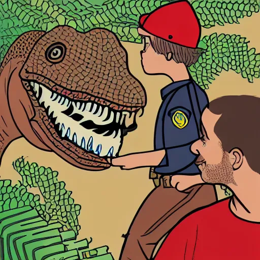 Prompt: super detailed illustration of a police officer and a dinosaur kissing in a war zone