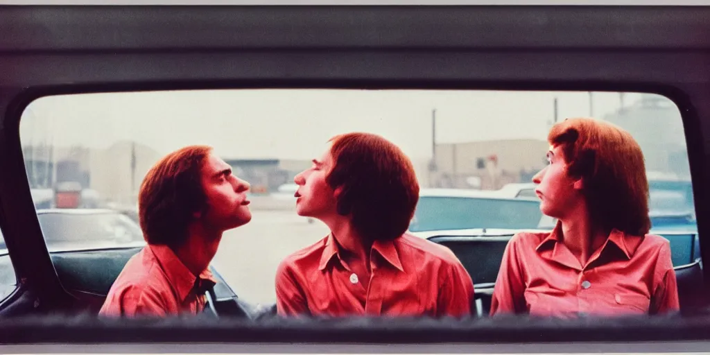 Image similar to 1 9 7 0 s car window closeup, young man and woman kissing in the back seat, coloured film photography, elliott erwitt photography