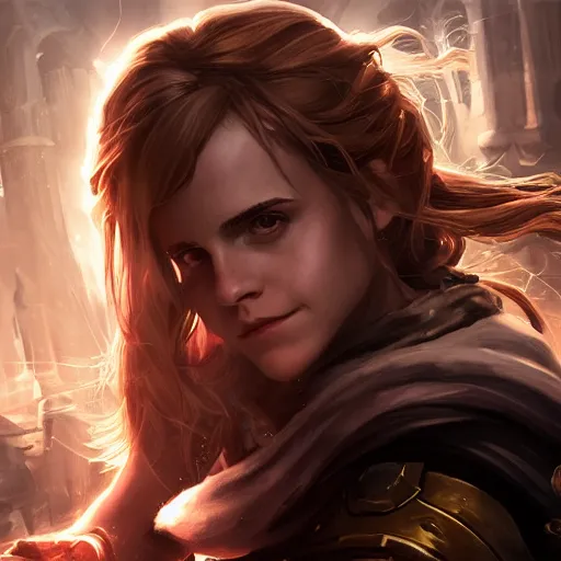 Prompt: portrait of emma watson as hermione, league of legends amazing splashscreen artwork, gears of war, splash art, natural light, elegant, photorealistic facial features, intricate, fantasy, detailed face, atmospheric lighting, anamorphic lens flare, cinematic lighting, league of legends splash art, hd wallpaper, ultra high details by greg rutkowski