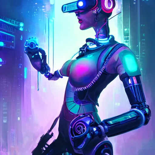 Prompt: portrait of a beautiful cybernetic raver girl wearing a oculus rift headset, cyberpunk concept art by pete mohrbacher and artgerm and wlop and deathburger and syd mead, digital art, highly detailed, intricate, sci-fi, neon colors, sharp focus, Trending on Artstation HQ, deviantart, unreal engine 5, 4K UHD image