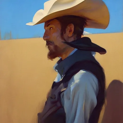 Image similar to greg manchess painting of a sad cowboy, medium shot, asymmetrical, profile picture, organic painting, sunny day, matte painting, bold shapes, hard edges, street art, trending on artstation, by huang guangjian and gil elvgren and sachin teng