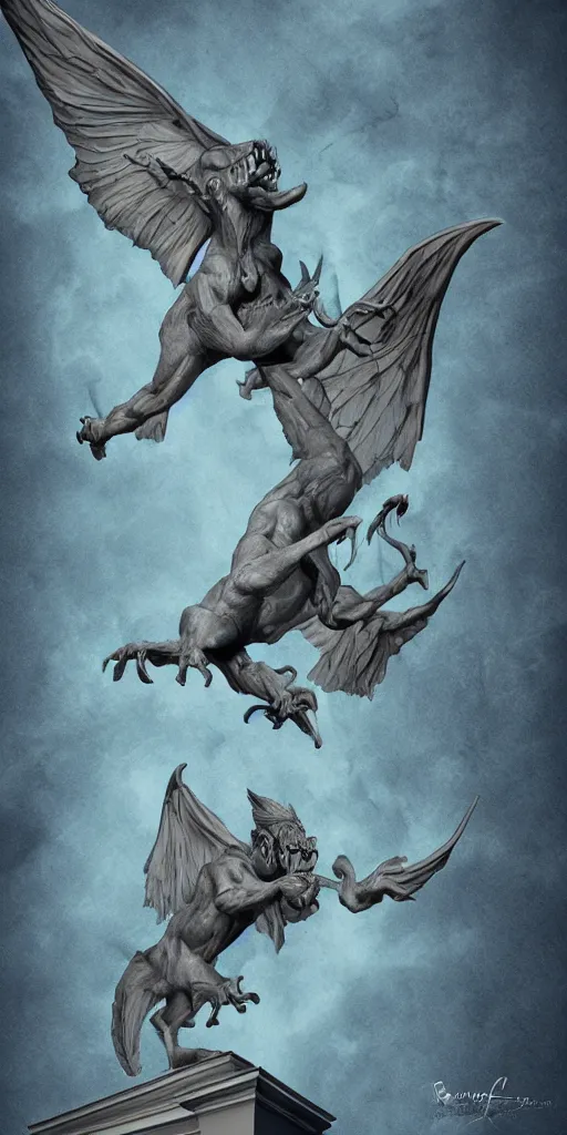 Prompt: highly detailed beautiful photography of flying gargoyle, sharp focus, dynamic lighting, elegant, harmony, beauty, masterpiece, by roberto ferry, illustration, blue background