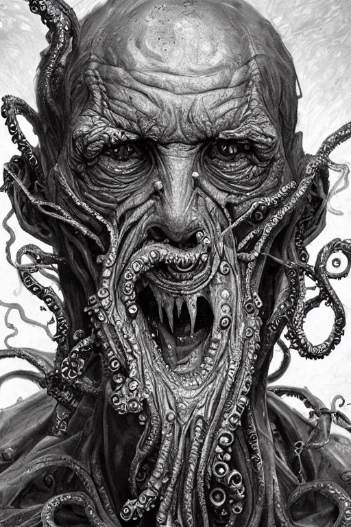 Prompt: realistic portrait of beautifully crystalized and detailed portrait of a zombie old man, tentacles, matte painting of cinematic movie scene red dragon, horror, created by gustave dore and greg rutkowski, high detailed, smooth draw, synthwave neon retro, intricate, realistic proportions, dramatic lighting, trending on artstation.