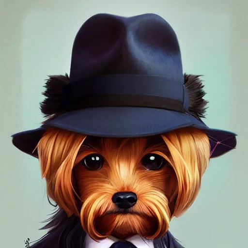 Image similar to anime portrait of the cutest yorkshire terrier detective wearing a fedora hat by Stanley Artgerm Lau, WLOP, Rossdraws, James Jean, Andrei Riabovitchev, Marc Simonetti, and Sakimichan, trending on artstation