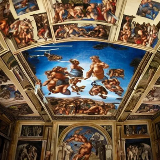 Image similar to Sistine chapel with a star wars painting, realistic, on the roof,