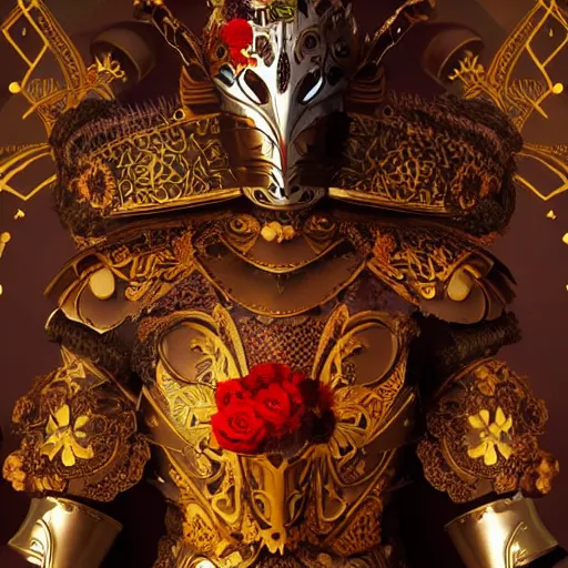 Image similar to a clockwork knoght wearing ornate wooden armor covered in flowers, brilliant colors, cinematic lighting