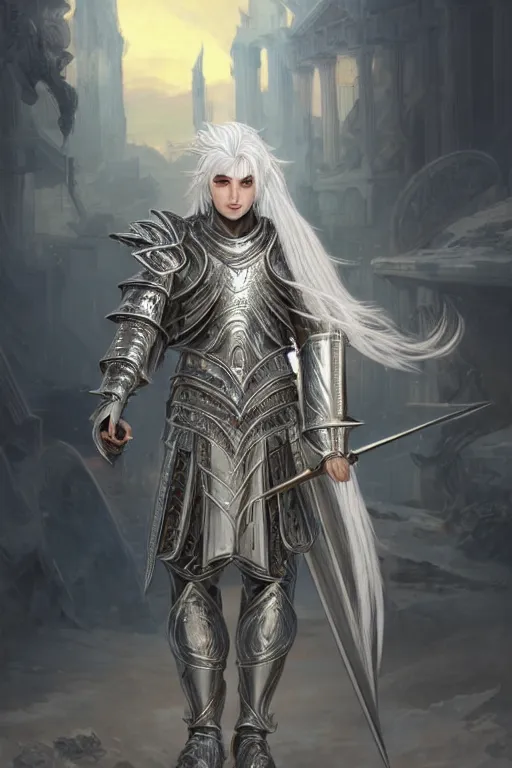 Image similar to portrait white hair knights of Zodiac male, Sliver ice color reflected armor, in ruined Agora of Athens Sunrise, ssci-fi and fantasy, intricate and very very beautiful and elegant, highly detailed, Frostbite Engine, digital painting, artstation, concept art, smooth and sharp focus, illustration, art by tian zi and WLOP and alphonse mucha