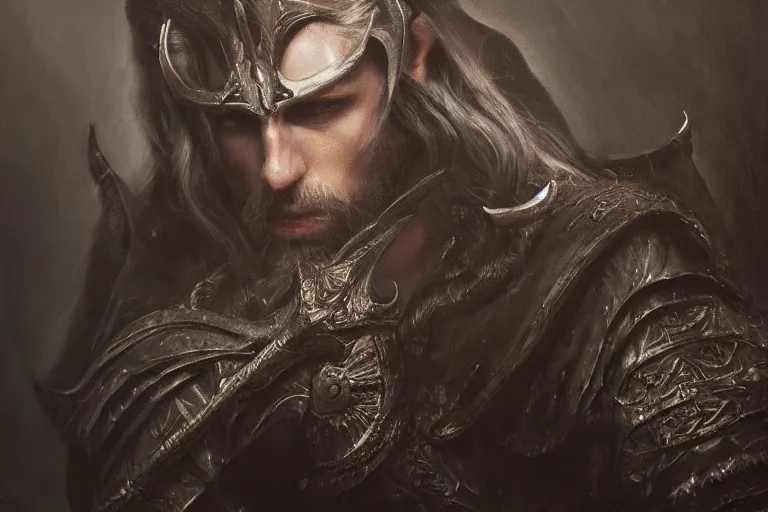 Image similar to A dark, brooding painting of an Elven King, hyperrealistic, high-quality, professional, dramatic lighting, extremely high detail, trending on artstation