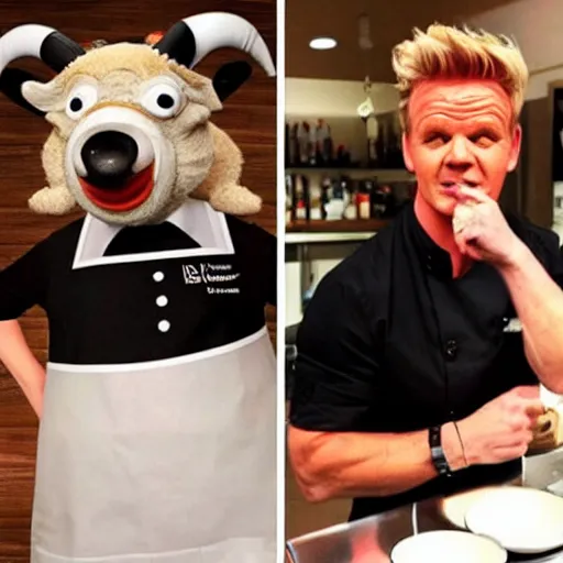 Image similar to a ram dressed up as gordon ramsay, realistic.