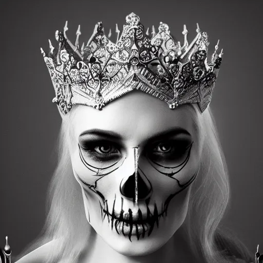 Prompt: skull queen with an origami crown, hints of silver jewelry, gothic, eerie, intricate detail, dramatic lighting, mist, grey, 4k