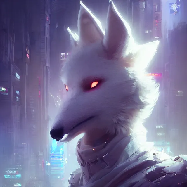 Image similar to a beautiful portrait of a cute male anthropomorph white wolf wearing in cyberpunk city. character design by cory loftis, fenghua zhong, ryohei hase, ismail inceoglu and ruan jia. artstation, volumetric light, detailed, photorealistic, rendered in octane