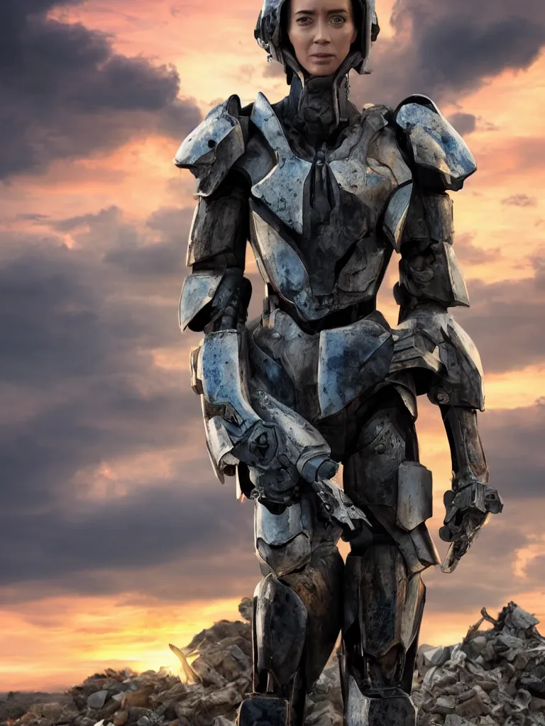 Image similar to emily blunt in futuristic power armor, close up portrait, solitary figure standing atop a pile of rubble, holding a sword on her shoulder, sunset and big clouds behind her