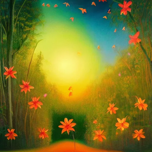 Prompt: a beautiful painting of an enchanted forest full of tropical flowers and fireflies, by agnes lawrence pelton, trending on artstation