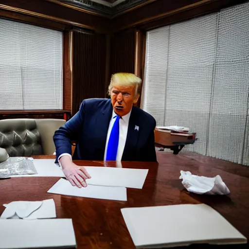 Image similar to candid portrait photo of president trump at his desk shoving crumpled papers into his mouth, chewing paper, eating paper, detailed portrait, 4 k, megapixel, sony a 7 s, f / 8, 2 4 mm lens