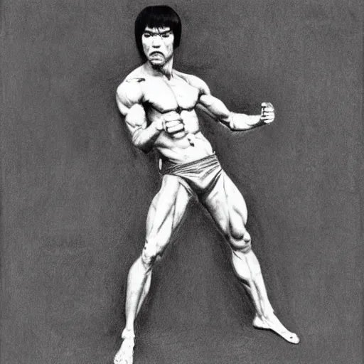 Prompt: Drawing sketch of Bruce Lee with nunchucks, by Ilya Repin, Michelangelo, chalk, charcoal, russian academic, musculature