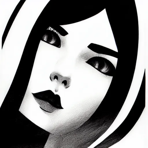 Image similar to an ink drawing of a tech punk girl by ilya kuvshinov, black and white