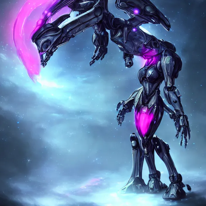 Image similar to cinematic shot, bust, cosmic sized perfectly proportioned stunning hot female warframe, robot mecha female dragon head, silver armor, fuschia leds, floating in empty space, nebula sized, holding a galaxy, epic proportions, epic size, epic scale, furry art, dragon art, giantess art, warframe fanart, furaffinity, deviantart
