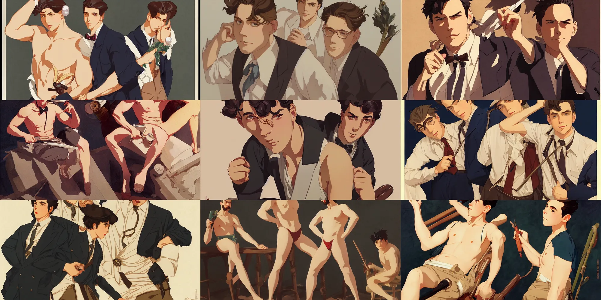 Prompt: attractive male, in the style of studio ghibli, j. c. leyendecker, greg rutkowski, tom of finland