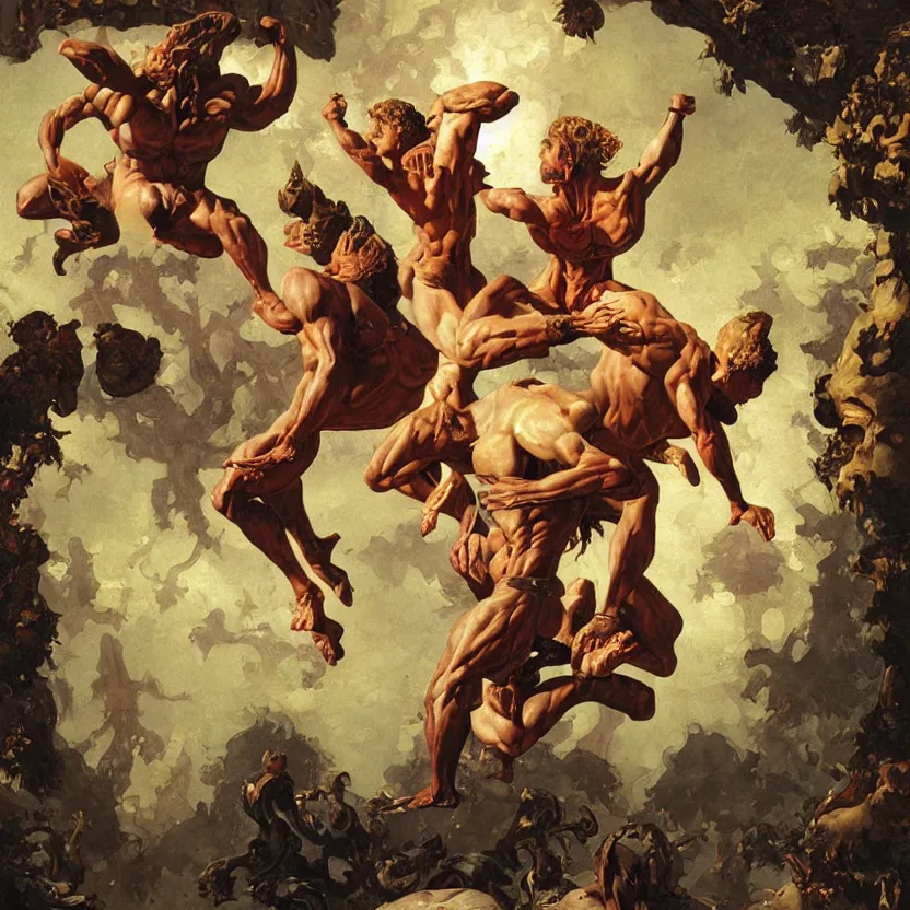 Prompt: a baroque neoclassicist close - up painting of bodybuilder people jumping out of picture frames. reflective detailed textures. glowing colorful fog, black background. highly detailed fantasy science fiction painting by moebius, norman rockwell, frank frazetta, and syd mead. rich colors, high contrast. artstation