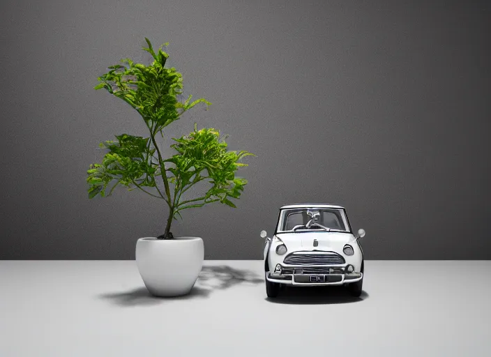 Image similar to a small miniature of a Mini Cooper S 1963 on a white table near a vase with a plant, 3d render, octane render, unreal engine 5, path tracing, serene landscape, calm, relaxing, beautiful landscape, highly detailed, high quality, 4k, symmetrical, low contrast