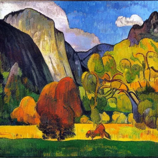 Image similar to Yosemite in the style of Gauguin