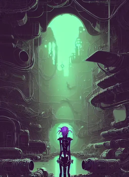 Image similar to highly detailed portrait of an moody wasteland punk long dripping green poison hair tribal lady, stray wiring by atey ghailan, james gilleard, by joe fenton, by greg rutkowski, by greg tocchini, by kaethe butcher, 4 k resolution, gradient purple, brown black and white color scheme!!! ( ( green flaming robotic sewer background ) )