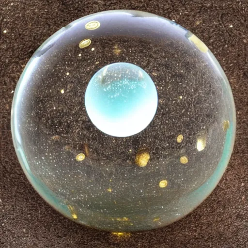 Prompt: clear glass orb, suspended flecks of gold and aquamarine in the center, reflecting light