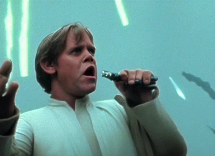 Prompt: screenshot of Luke Skywalker yelling to help Princess Leia Organa, marble planet, from the iconic scene from the lost star wars 1980s film directed by David Lynch, cinematic lighting, unsettling set design with extreme detail, moody cinematography, with anamorphic lenses, crisp, detailed, 4k image