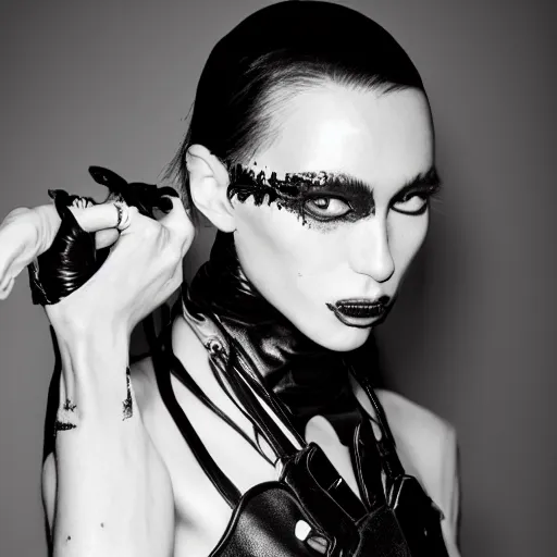 Image similar to fashion photography of an extraterrestrial model, holding a leather whip, wearing demobaza fashion, inside berghain, berlin fashion, harness, futuristic fashion, dark minimal outfit, photo 3 5 mm leica, hyperdetail, berghain, 8 k, very detailed, photo by nick knight