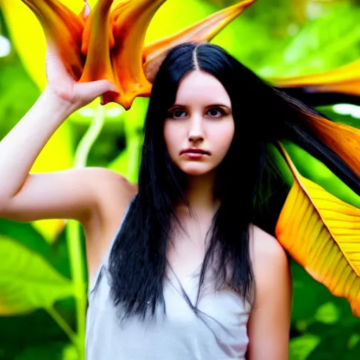 Prompt: beautiful girl with black hair, holding brugmansia flower, colour, dark scenery, sad