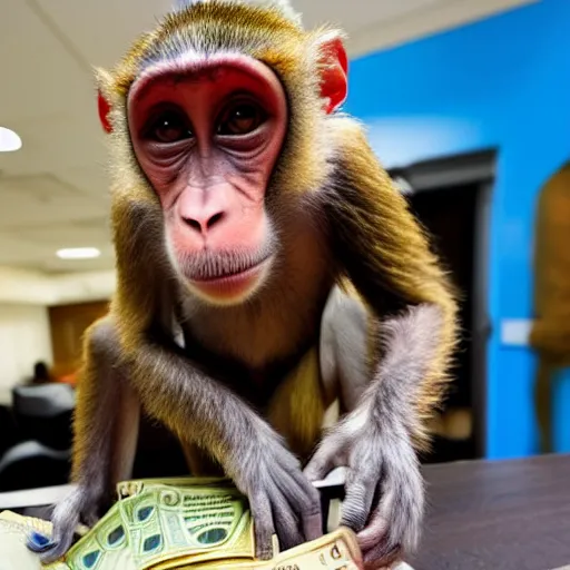 Prompt: photograph of a monkey dressed as a loan shark collecting money
