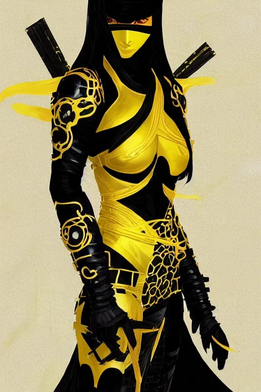 Image similar to portrait Ninja gaiden girl armored black and yellow ninja wardrobe, at ruin japanese temple rainny night, ssci-fi and fantasy, intricate and very very beautiful and elegant, highly detailed, digital painting, artstation, concept art, smooth and sharp focus, illustration, art by tian zi and WLOP and alphonse mucha