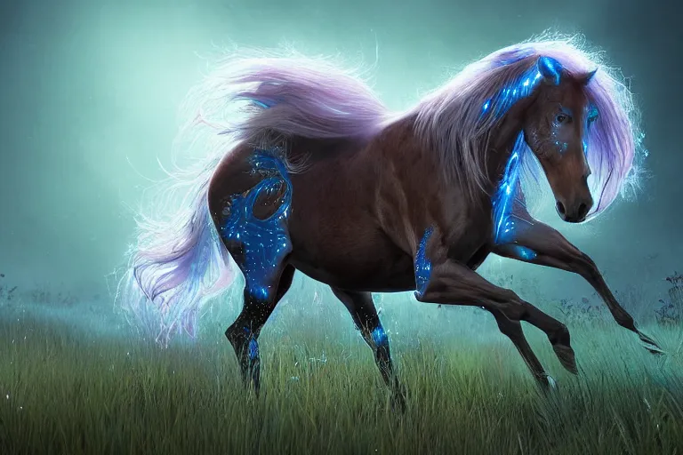 Image similar to a stunning horse with a mane of bioluminescent plants running through a meadow by eddie mendoza ( flowerpunk ), volumetric light, digital art, fine detail, photorealistic