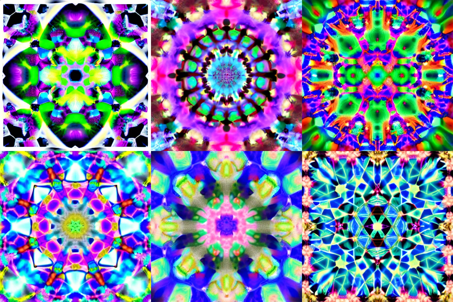 Prompt: cotton candy, irregular, non-symmetrical fractals viewed through a kaleidoscope, hexagonal segments