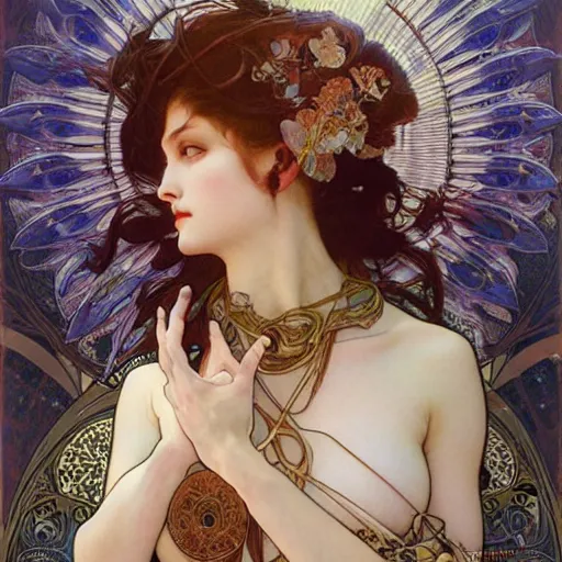 Prompt: realistic detailed face portrait of a Ethereal Nightmare Queen by Alphonse Mucha, Ayami Kojima, Amano, Karol Bak, Greg Hildebrandt, and Mark Brooks, Art Nouveau, Neo-Gothic, gothic, rich deep colors