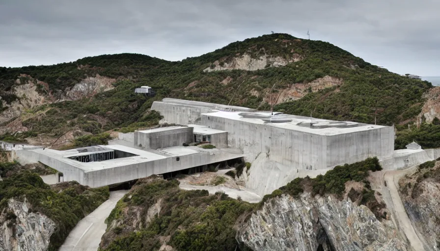 Image similar to big military base perched on a cliff overlooking a magnificient bay, laboratory, drawing architecture, science fiction, pritzker architecture prize, greig fraser