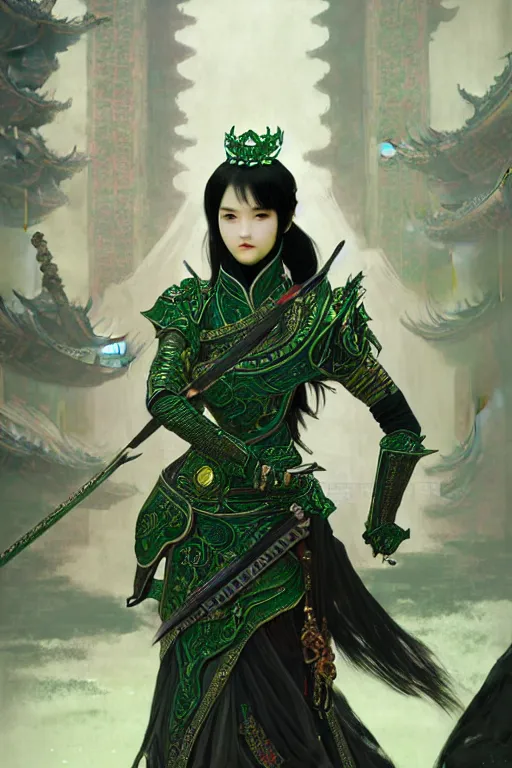 Prompt: portrait black hair young knights of Dynasty Warriors girl, metallic green armor, in ruined chinese palace, ssci-fi and fantasy, intricate and very beautiful and elegant, highly detailed, digital painting, artstation, concept art, smooth and sharp focus, illustration, art by tian zi and WLOP and alphonse mucha