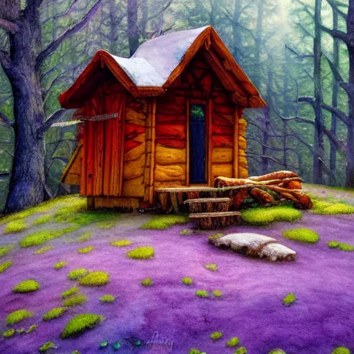 Prompt: small wooden house in the middle of spring forest, bright colours, watercolor, volumetric wool felting, macro photography, children illustration, by christophe vacher