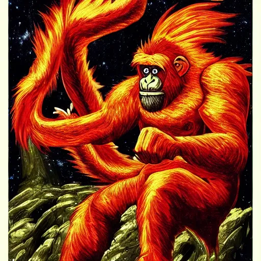 Prompt: a red ape with a golden dragon fist