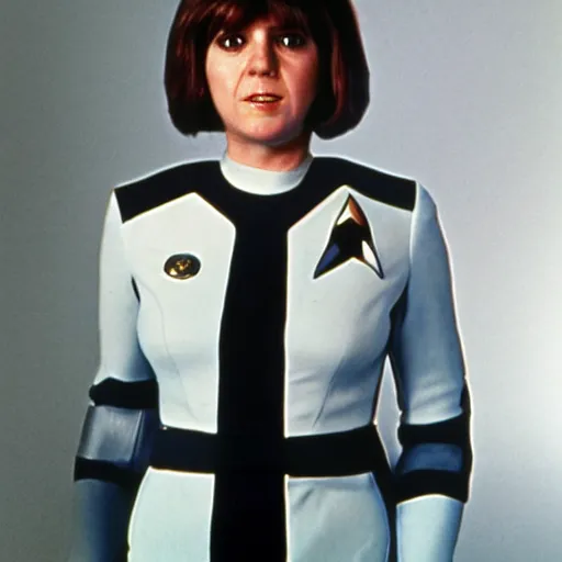 Image similar to a full body photograph of 1 9 7 0 s sarah jane smith from doctor who as a star fleet science officer from star trek next generation, full dress uniform, symmetrical face, extreme realism and detail, 8 k, completely framed, direct lighting, 3 5 mm photo, photorealistic, sharp focus