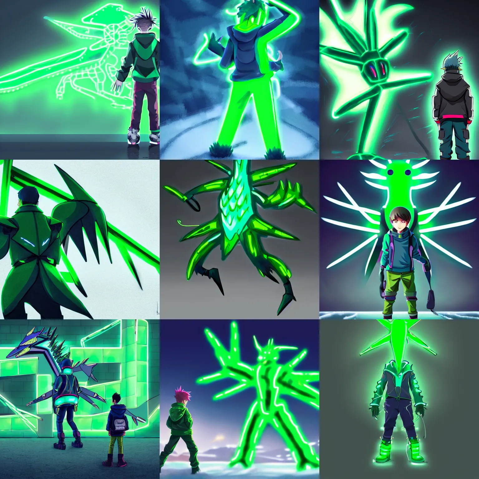 Prompt: a boy in winter clothing, standing in front of a big neon green metallic dialga, concept art, digital art, very detailed, anime, back - shot, realistic, d & d, pokemon, 8 k hd