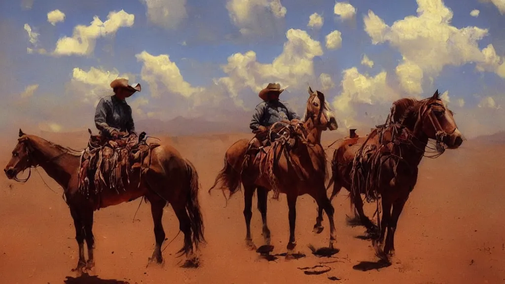 Image similar to oil painting of cowboy dream at mexican desert setting, art by anders zorn, wonderful masterpiece by greg rutkowski, beautiful cinematic light, american romanticism by greg manchess, reflections in copper, sunlight, dust and steam