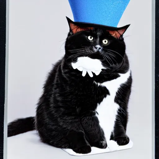 Image similar to obese cat extra fluffy wearing an obese top hat anscochrome.