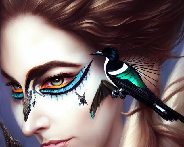 Image similar to eye makeup inspired by a magpie, deep focus, d & d, fantasy, intricate, elegant, highly detailed, digital painting, artstation, concept art, matte, sharp focus, illustration, hearthstone, art by artgerm and greg rutkowski and alphonse mucha