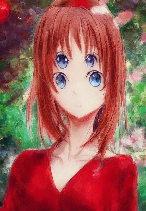 Prompt: macro portrait of a teenage girl, a cute red outfit, tokyo anime scene, very anime in impressionist style, anime trending artwork, anime painter studio, by claude monet