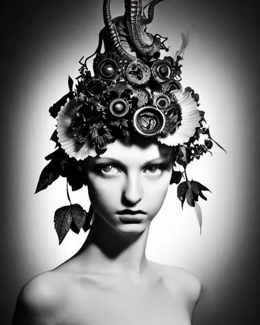 Image similar to a black and white high quality dreamy photo of a young beautiful female queen-pale dragon-vegetal-many big steampunk flowers-cyborg bust with a very long neck, elegant, highly detailed, poetic, soft, dreamy, mysterious, high fashion, in the style of Horst P. Horst, Realistic, Refined, Digital Art, Highly Detailed, Cinematic Lighting, rim light, black and white, photo-realistic, 8K