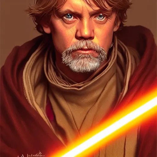 Image similar to luke skywalker grand master jedi from legends books, jedi from star wars, intricate detailed face, artgerm, greg rutkowski, alphonse mucha