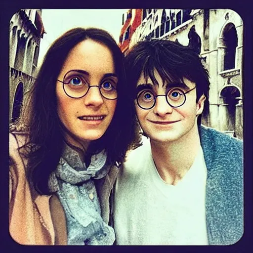 Prompt: Harry Potter and Hermione in Venice, symmetrical face, beautiful eyes, instagram photo,--n 6