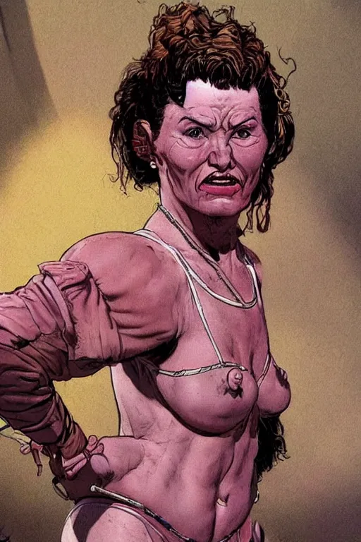 Prompt: maria. Smug old west circus wrestler. concept art by James Gurney and Mœbius.