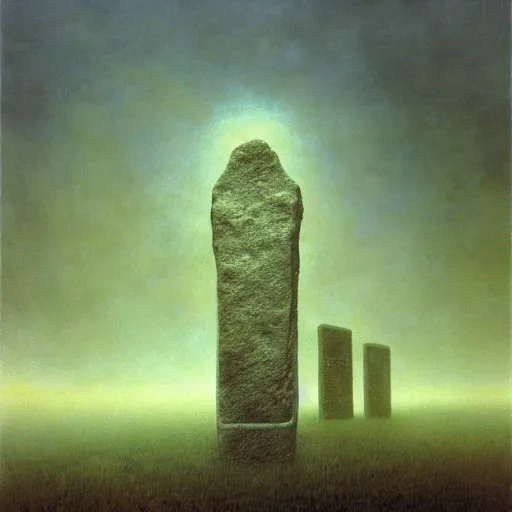 Prompt: arm reaching out of thick fog, 6 stelae floating in the sky like clouds, zdzislaw beksinski